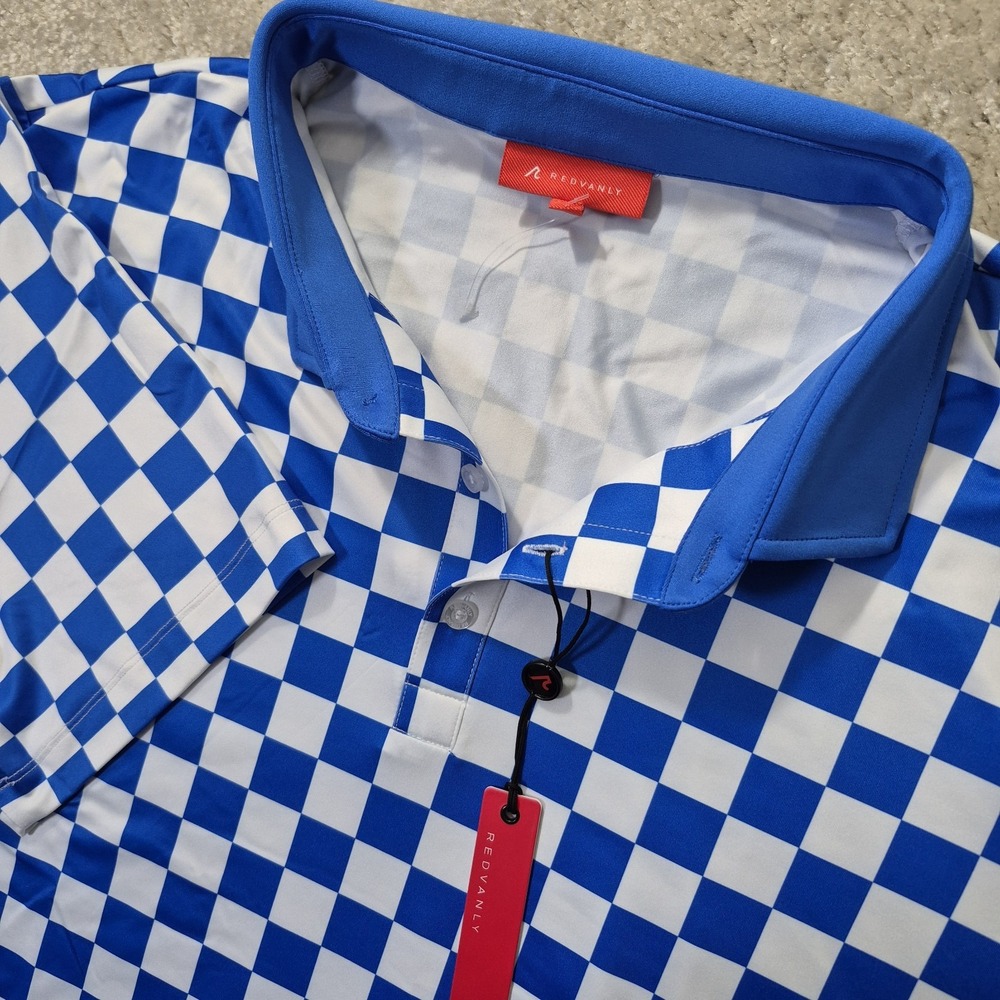 Redvanly Polo Shirt Mens 2XL Blue Check Stretch Performance Golf Preppy New